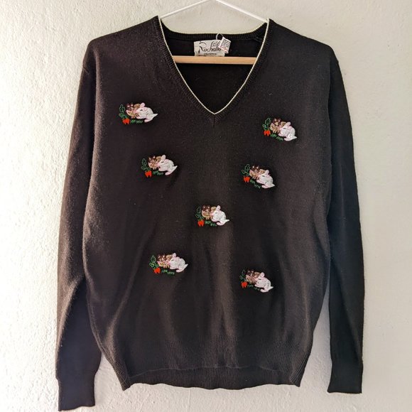 1960s Vintage Embroidered Rabbit Sweater - Picture 1 of 10